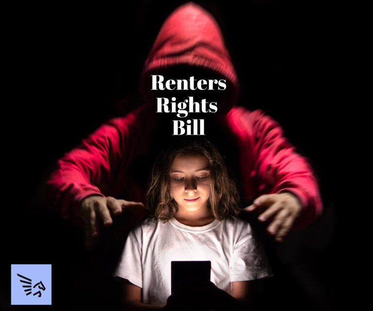 A woman in the dark on a phone with the light from the phone shining onto her face, a person in a red coat standing behind holding her shoulders, Renters' Rights Bill