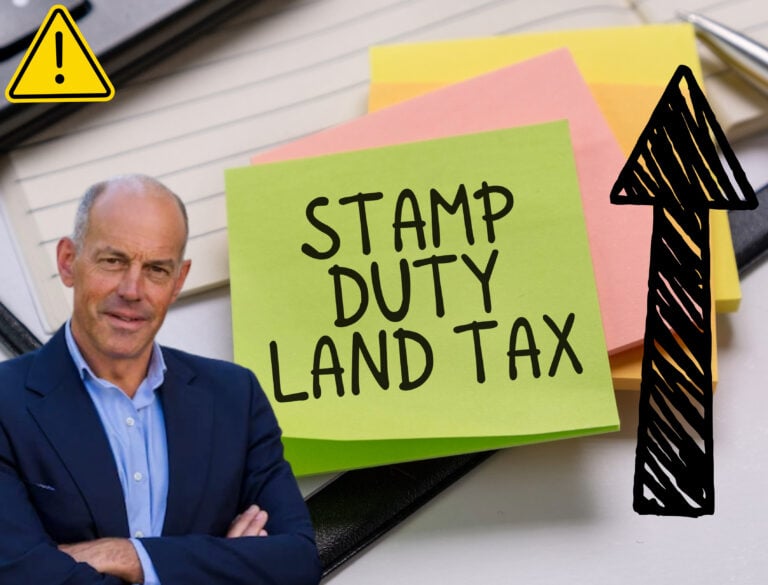 A picture of Phil Spencer, sticky notes Stamp Duty Land Tax, an arrow pointing upwads and a warning triangle sign
