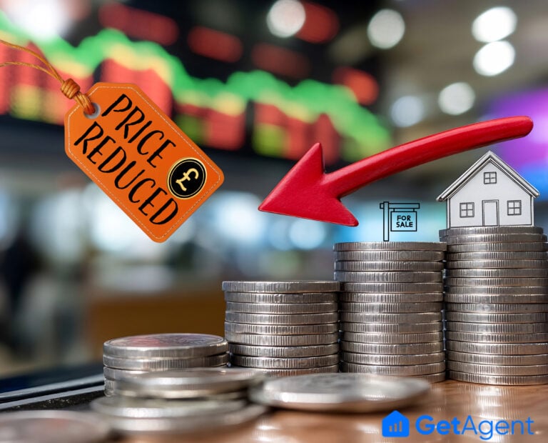 Coins stacked with a house, red downward arrow, and “Price Reduced” tag showing UK property market cuts.