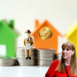 Housing Secretary Angela Rayner, houses and a person sitting on stacked coins
