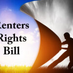 A person working in a farmers field holding part of the picture covering clouds, Renters Rights' Bill on a background of sunshine