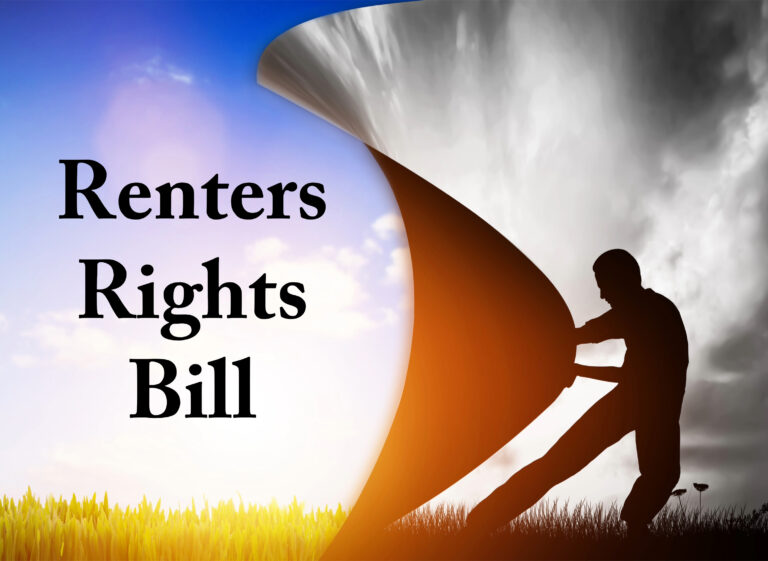 A person working in a farmers field holding part of the picture covering clouds, Renters Rights' Bill on a background of sunshine