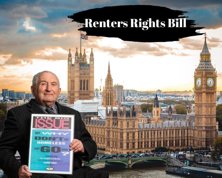 Man holding Big Issue magazine in front of Houses of Parliament with Renters Rights Bill text.