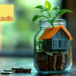 A home with a plant on stacked coins within a small glass jar, Savills logo