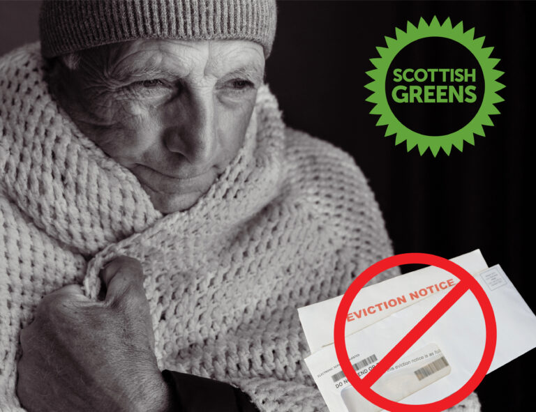 Scottish Greens logo and a homeless man