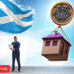 Scottish flag with a house being lifted by a pound coin symbolising rising property prices.
