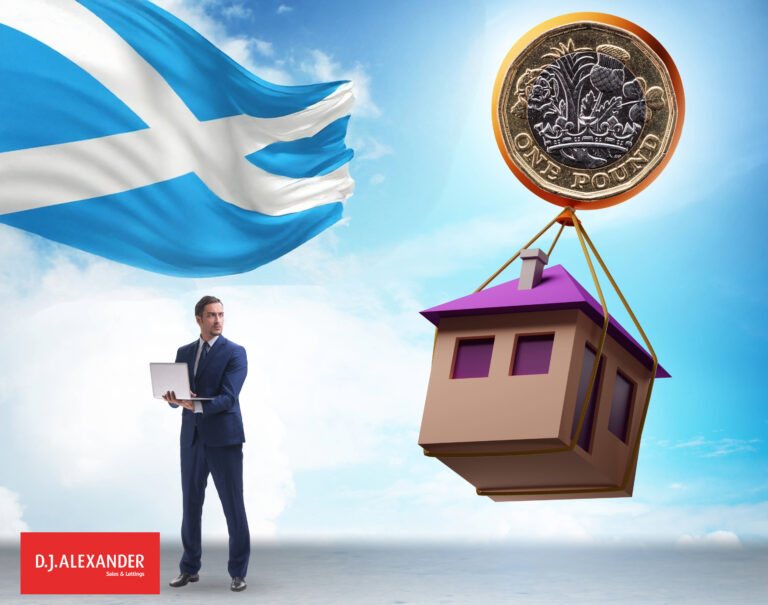 Scottish flag with a house being lifted by a pound coin symbolising rising property prices.