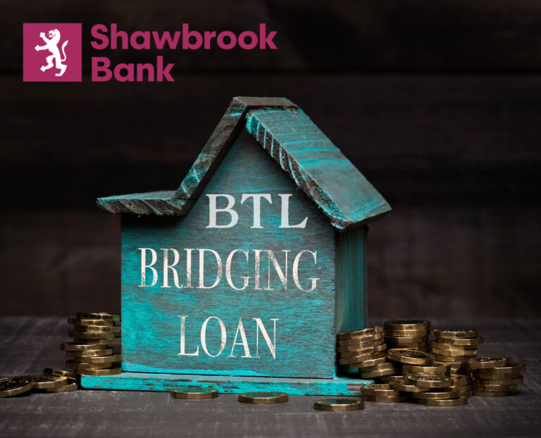 Shawbrook Bank BTL bridging loan concept with house model and coins.