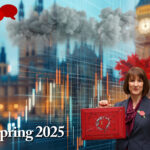 Spring Budget 2025 with economic uncertainty, red briefcase, and Parliament backdrop.