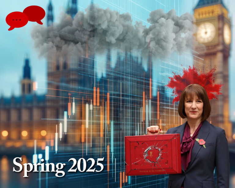 Spring Budget 2025 with economic uncertainty, red briefcase, and Parliament backdrop.
