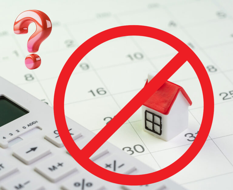 Calendar with calculator, house symbol crossed out, and question mark about tenancy dates.