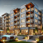 A apartment building at night with Landing sign