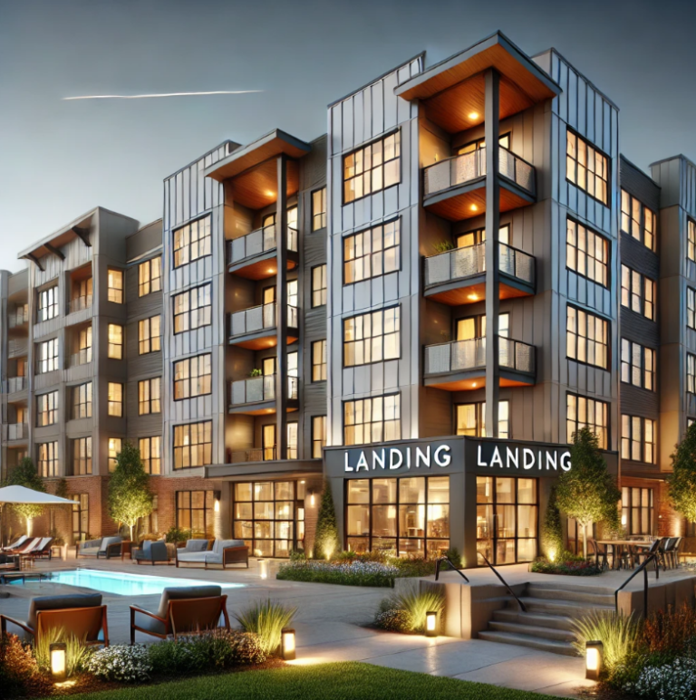 A apartment building at night with Landing sign