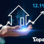 A hand holding a digital image of a house with an arrow pointing upwards towards 12.1% sign, Zopa logo