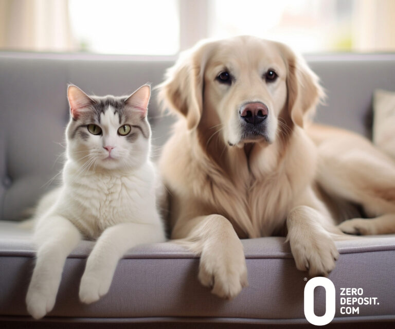 A dog and a cat sitting on the sofa, 0&.com logo