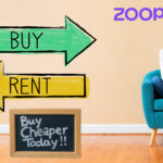 Woman considering buy versus rent with Zoopla graphic showing arrows and sign “Buy Cheaper Today”
