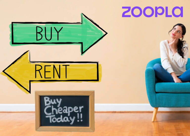 Woman considering buy versus rent with Zoopla graphic showing arrows and sign “Buy Cheaper Today”
