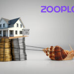 A house sitting on stacked coins being pulled by a snail, Zoopla logo