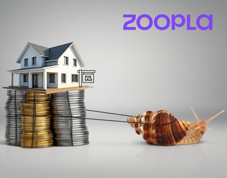 A house sitting on stacked coins being pulled by a snail, Zoopla logo