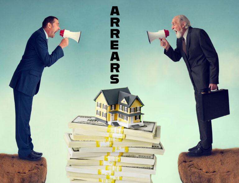 Two men speaking through tannoy systems with houses sitting on papers in between