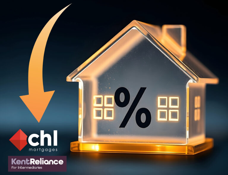 Glass house with percentage symbol and downward arrow showing mortgage rate cuts by CHL and Kent Reliance.