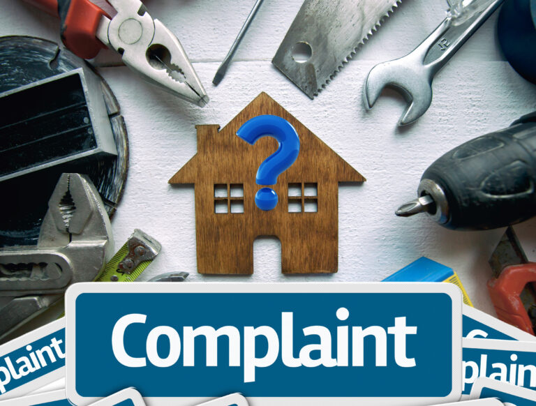 House with question mark surrounded by tools and complaint signs.