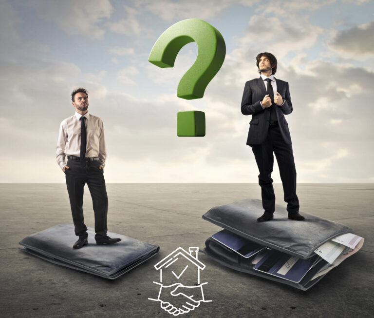 Two men standing on wallets between a question mark and sky and clouds in the background