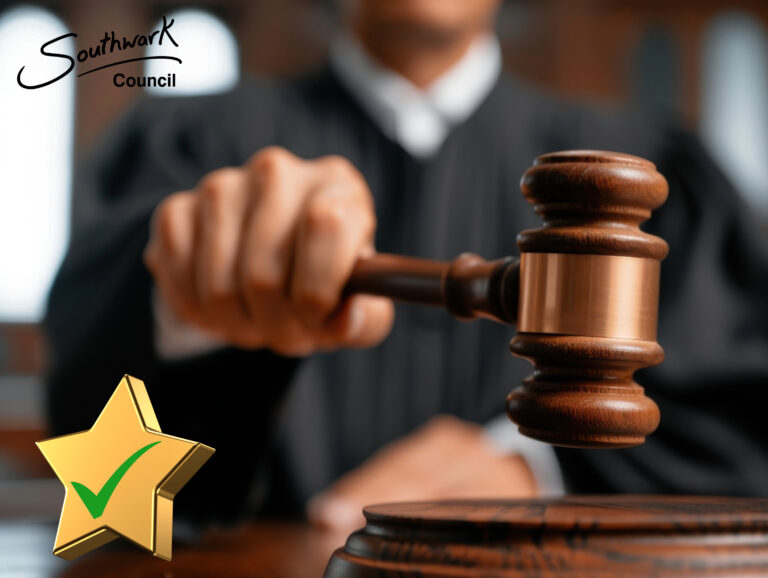 A judge using a justice hammer and star with a green tick