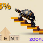 Tortoise climbing stairs with “3% Rent” text, symbolising slow rental growth in Zoopla’s UK rent report