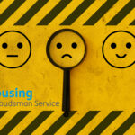 Housing Ombudsman logo, faces on a yellow warning backgroud with a magnfying glass