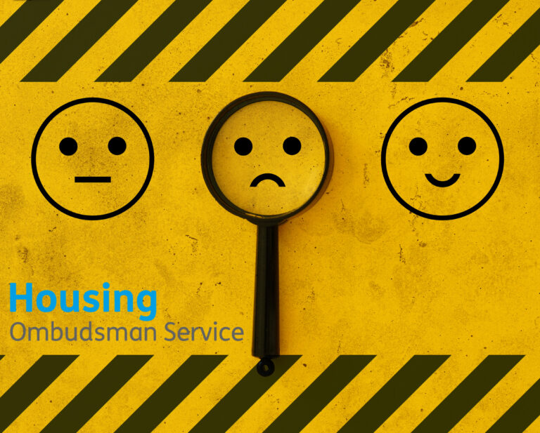 Housing Ombudsman logo, faces on a yellow warning backgroud with a magnfying glass