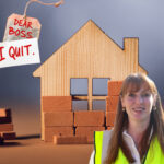 A picture of Angela Rayner in front of a wooden outline of a house and the text I quit