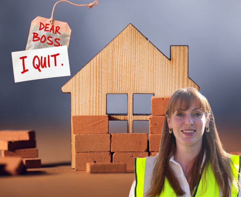 A picture of Angela Rayner in front of a wooden outline of a house and the text I quit