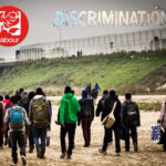 Asylum seekers walking on a beach with the word Discrimination and Labour logo