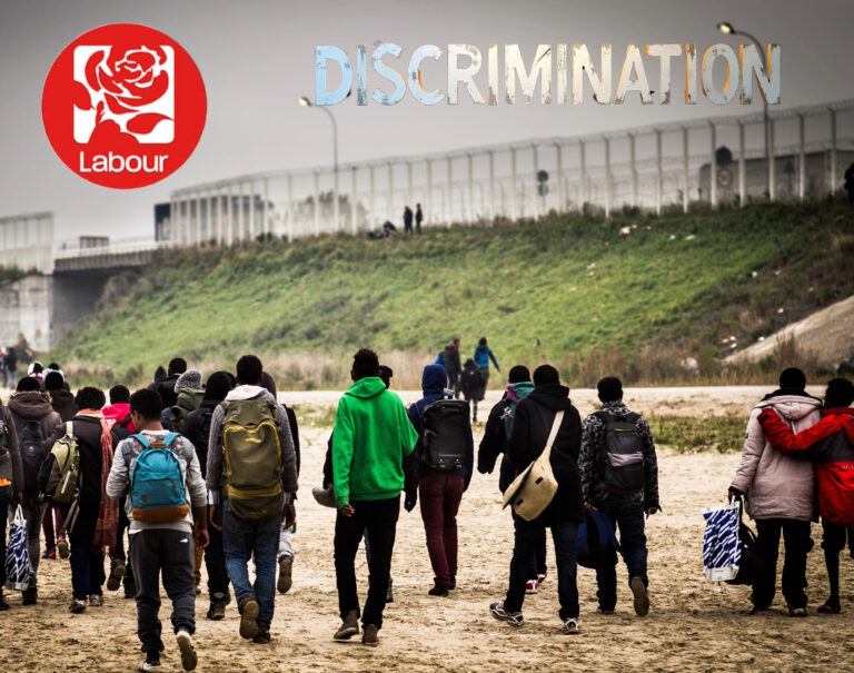 Asylum seekers walking on a beach with the word Discrimination and Labour logo