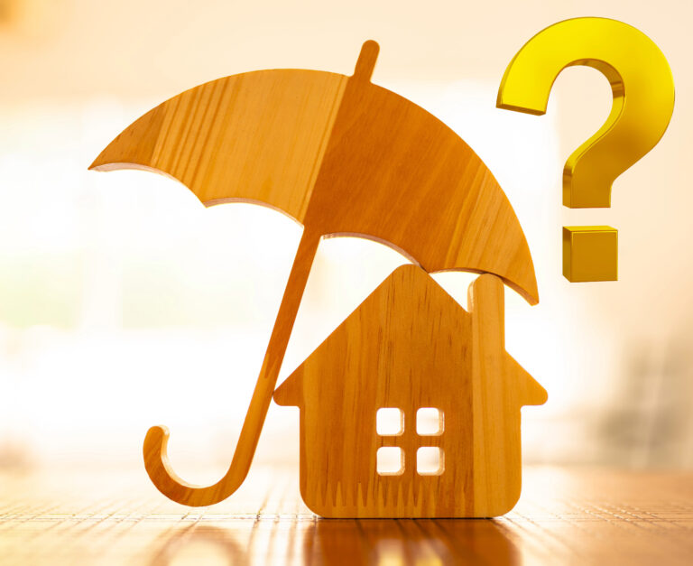 a wooden house under an umbrella next to a question mark