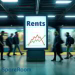 A advertising board in a London underground station and people walking past