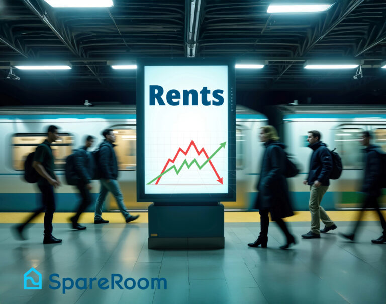 A advertising board in a London underground station and people walking past