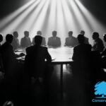 A black and white image of many people sitting around a table with a light shining down