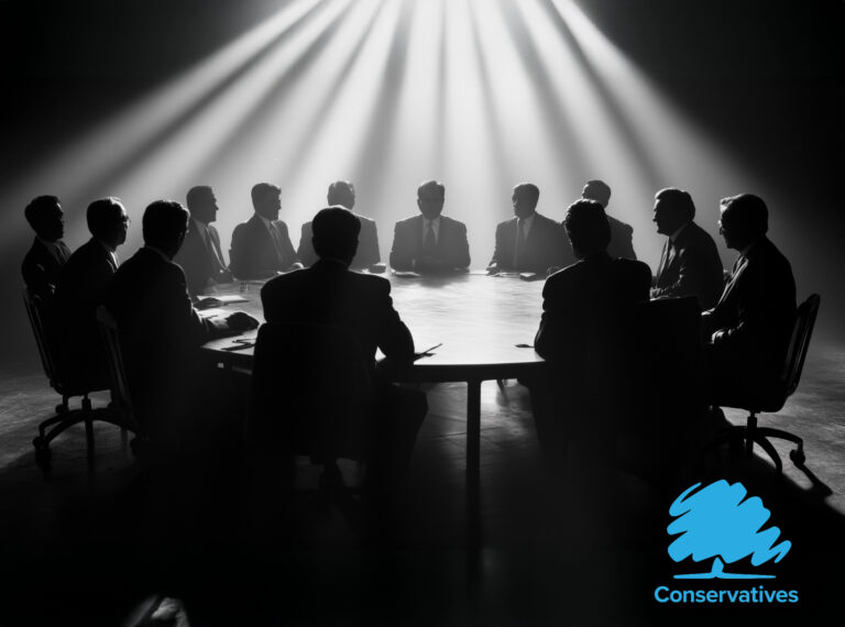 A black and white image of many people sitting around a table with a light shining down