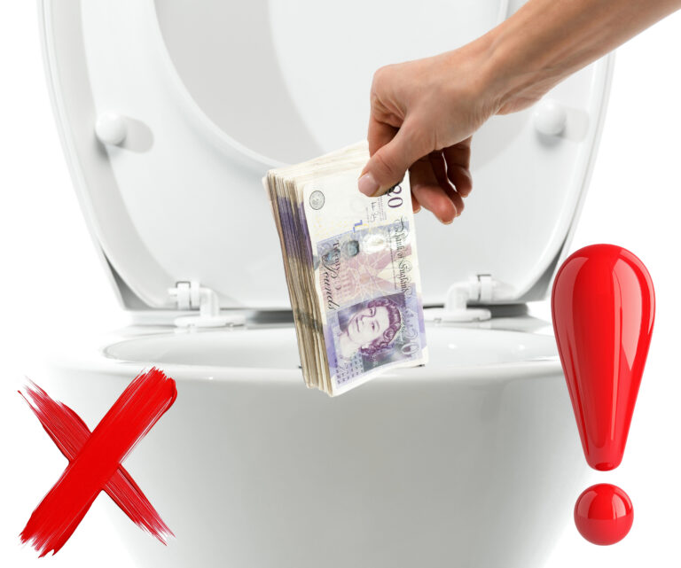 UK bank notes being put down the toilet, a red cross and an explanation mark