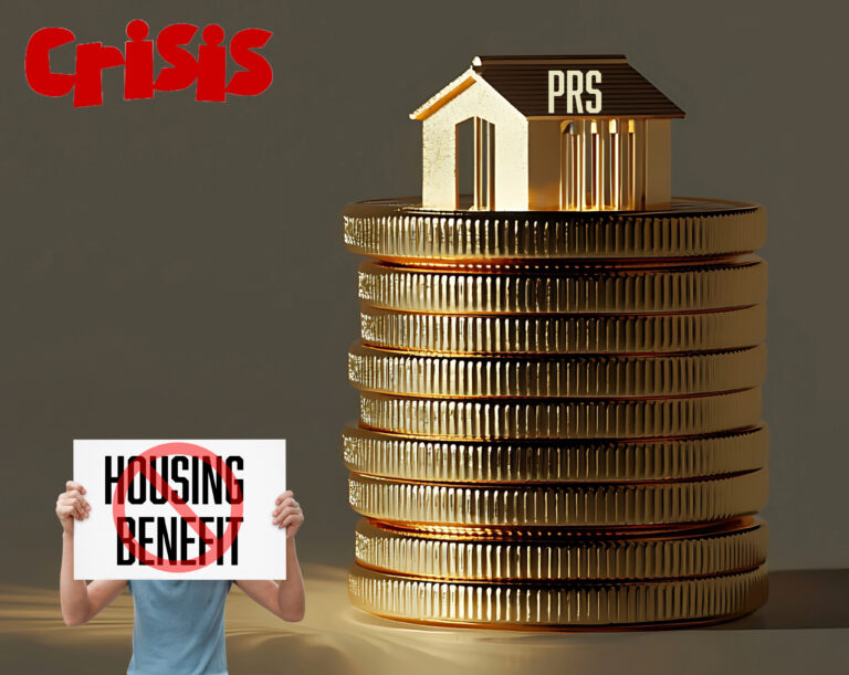 A house sitting on stacked couns, Housing Beneft sign and Crisis