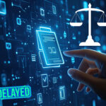 A hand touching a digital screen with justice scales and Delayed