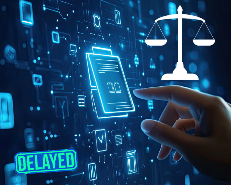 A hand touching a digital screen with justice scales and Delayed