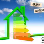 An EPC graph, Green outline of a house, Grant Funding and Gov UK sign with clouds in the background