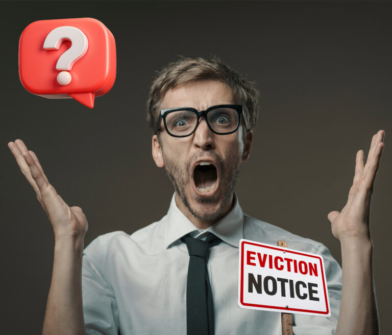 A man looking bewildered with an Eviction notice sign and a question mark in a red bubble sign