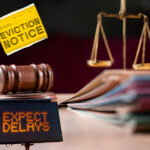 Justice scales and hammer, Evicition notice and expect delays text
