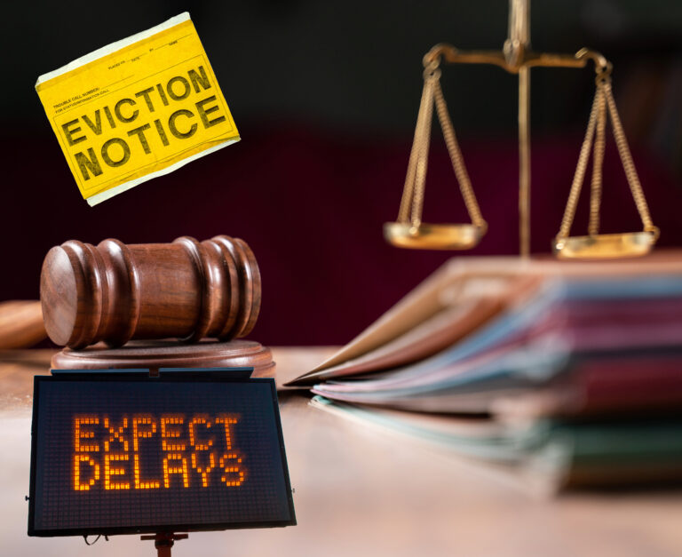 Justice scales and hammer, Evicition notice and expect delays text