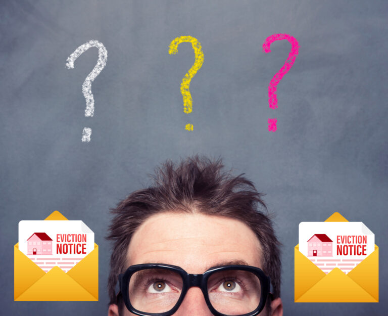 A mans head with envelopes either side with text Eviction Notices and multi coloured question marks above