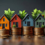 4 multi coloured model homes on stacked coins